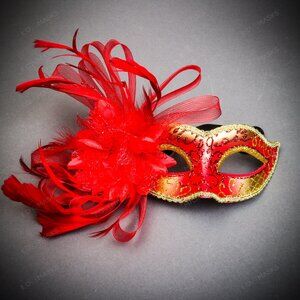 Venetian Red Side Mesh Flower Gold Glitter Women Eyes Masquerade Women Face Mask